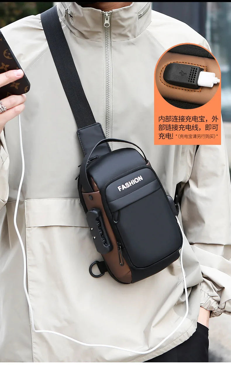 Black and brown anti-theft crossbody sling bag with a secure combination lock and integrated USB charging port.