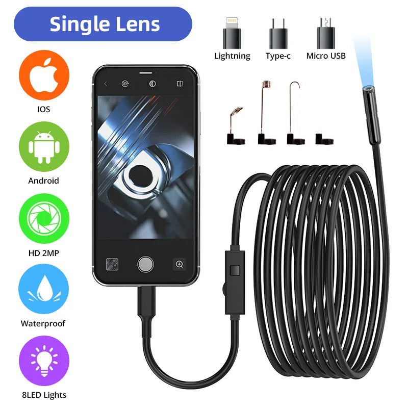 HD industrial inspection camera with coiled black cable, plug adapters, and phone screen display showing camera feed.