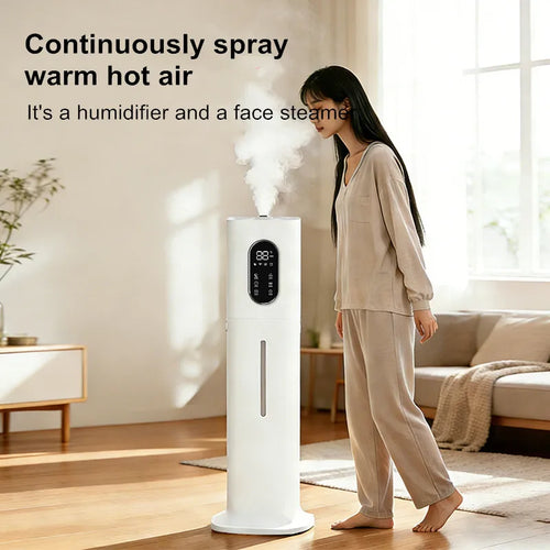 Tall, white smart ultrasonic humidifier with a digital display, emitting a warm mist in a modern living room setting.