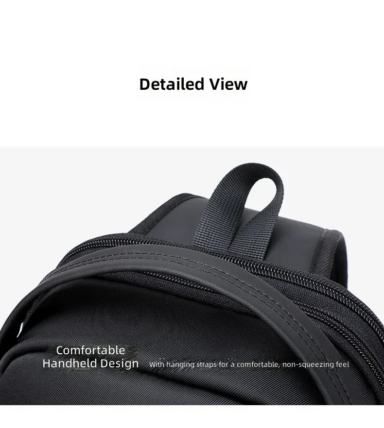 Close-up of a black waterproof travel sling bag, highlighting its durable handle and comfortable, ergonomic design.