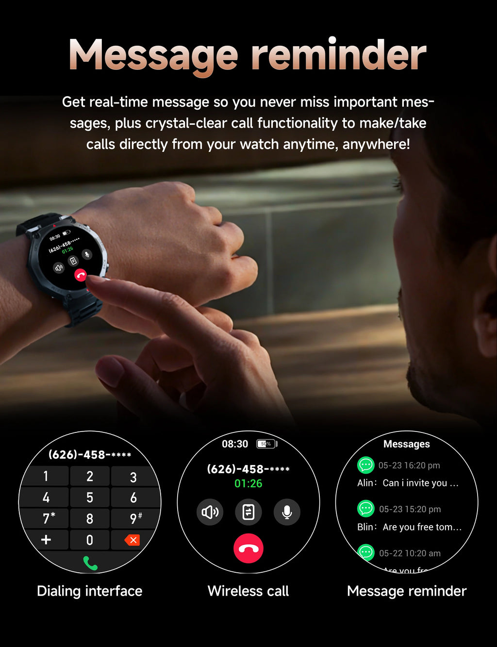 Rugged black smartwatch with round touchscreen display, showing call, dialling, and message notification features.