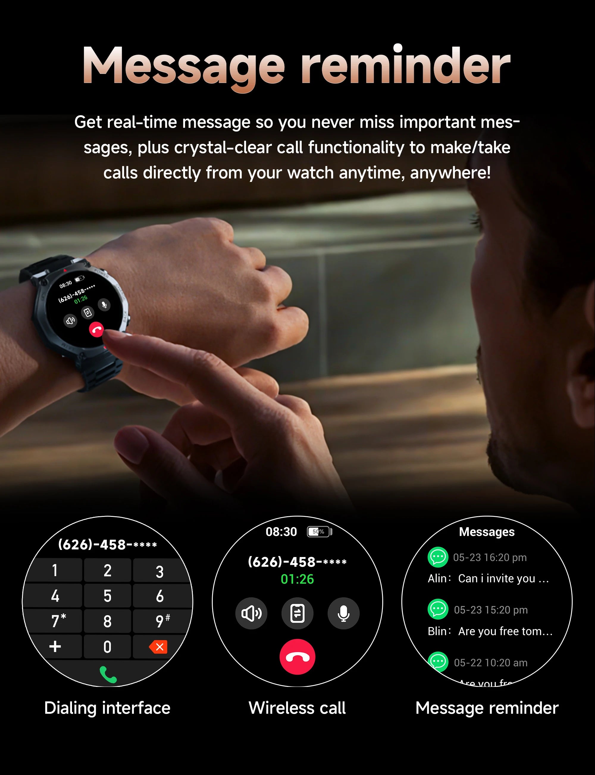 Rugged black smartwatch with round touchscreen display, showing call, dialling, and message notification features.