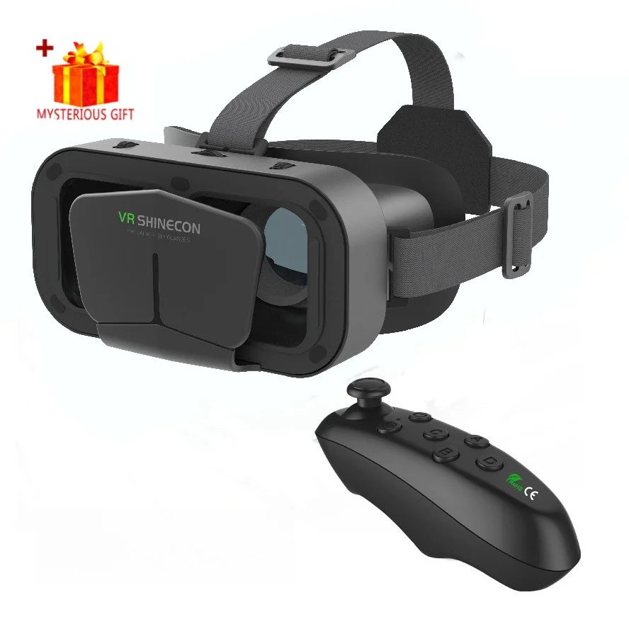 Black smartphone VR headset with adjustable head straps and a matching wireless handheld controller for gaming.