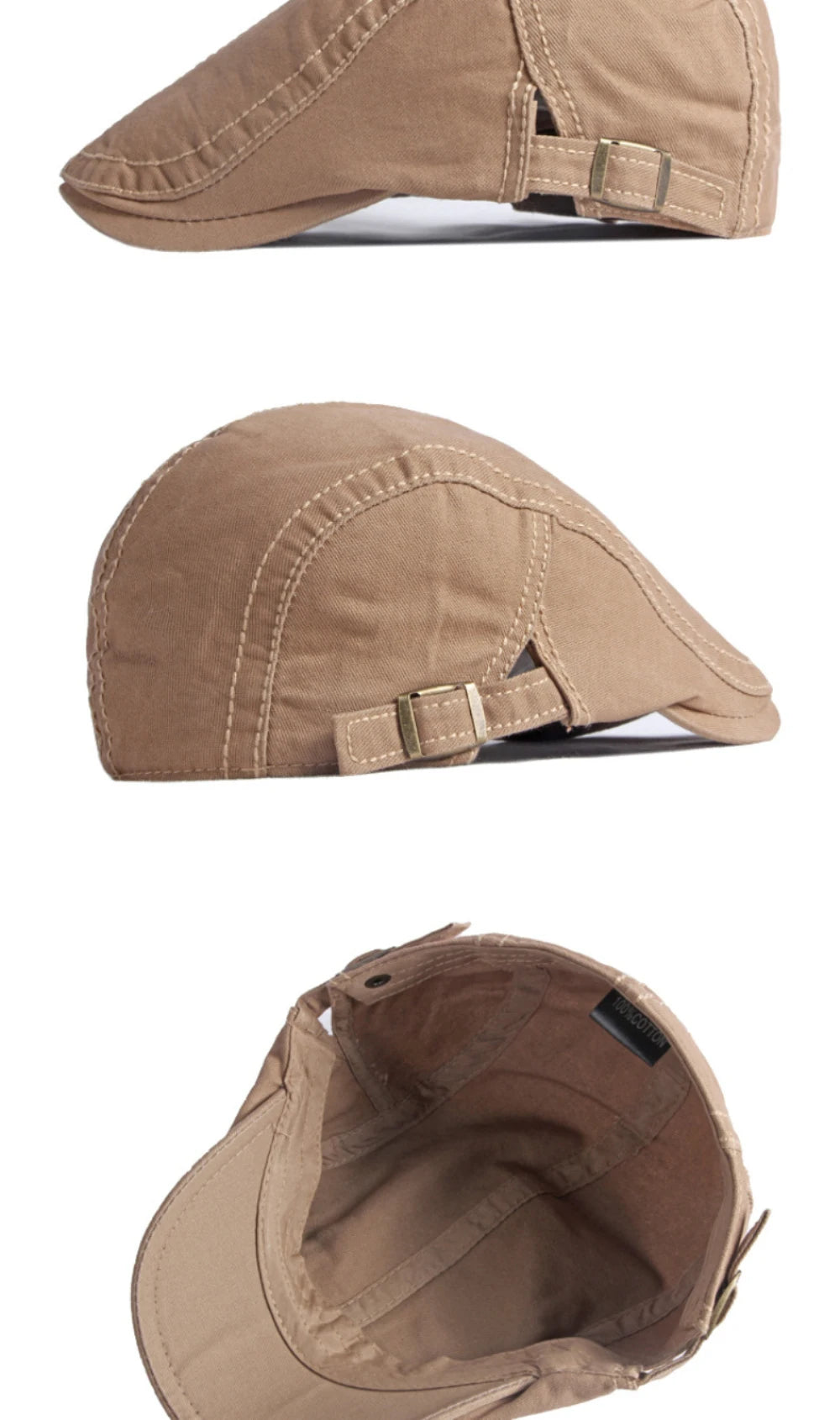 Tan unisex cotton flat cap with side buckle adjustment and stitched detail, shown from three different angles.
