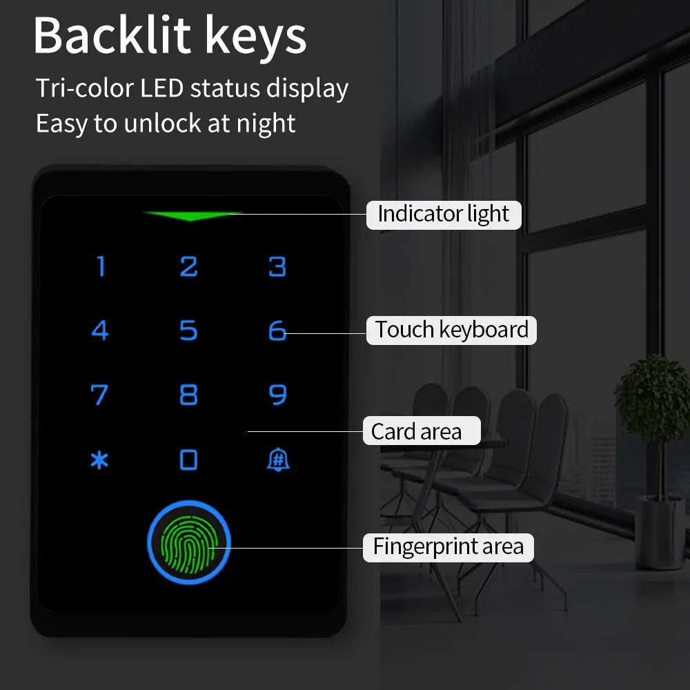 Black digital door lock keypad with blue backlit touch keys, fingerprint scanner, and LED indicator light.