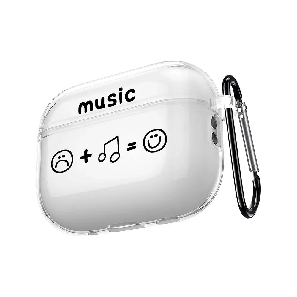 Clear plastic case for AirPods Pro featuring "music" text and a graphic design with a black carabiner clip.