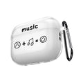 Clear plastic case for AirPods Pro featuring "music" text and a graphic design with a black carabiner clip.
