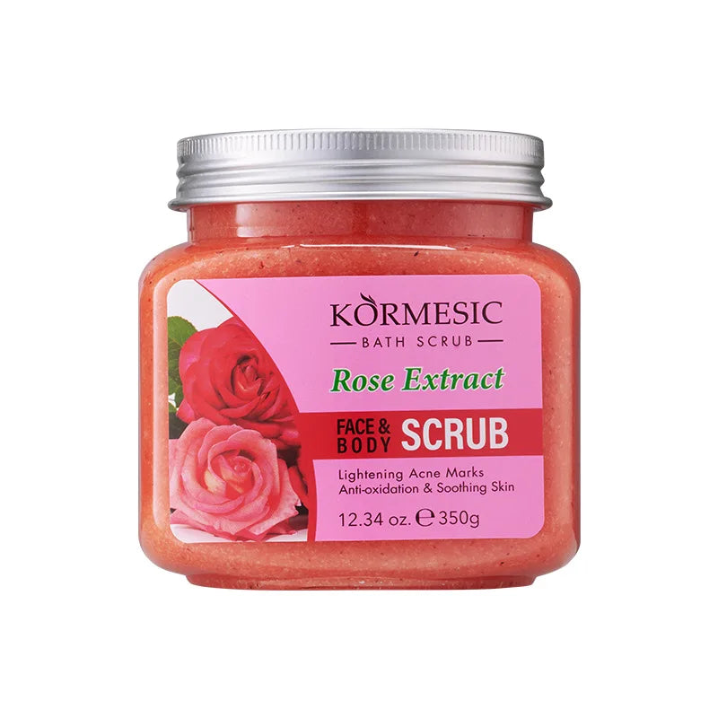 Pink rose extract face and body scrub in a 350g jar, designed to soothe skin and lighten acne marks.