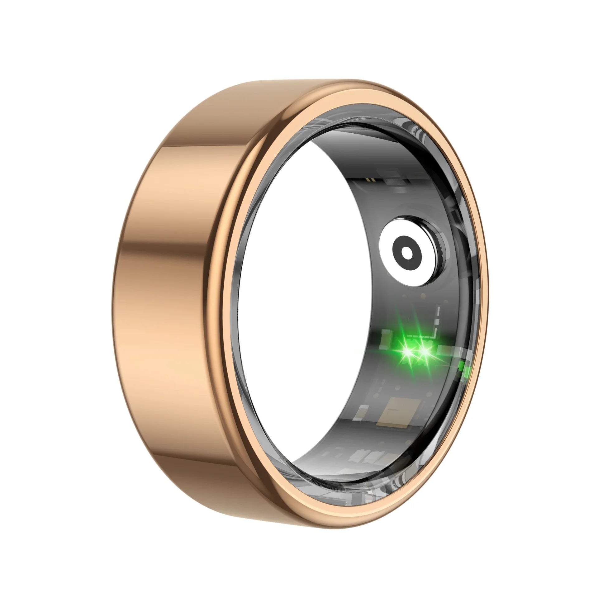 Rose gold smart ring fitness tracker with internal health sensors and a green light monitor.