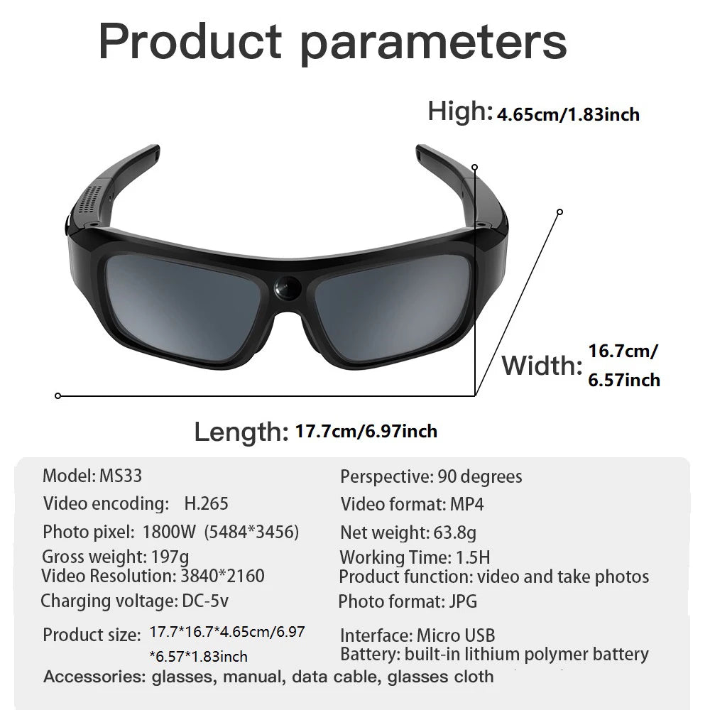 Black plastic smart glasses with a built-in camera for recording 4K video and taking photos.