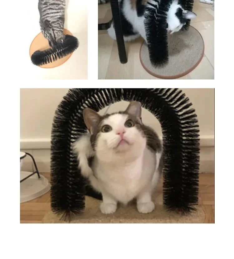 A black bristle grooming arch on a tan circular base, showing cats rubbing against it and using the scratching pad.