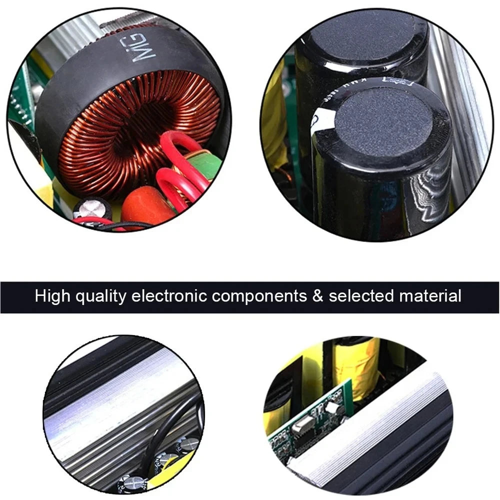 Close-up details of copper coils, black capacitors, and a metallic aluminium casing inside a power inverter.