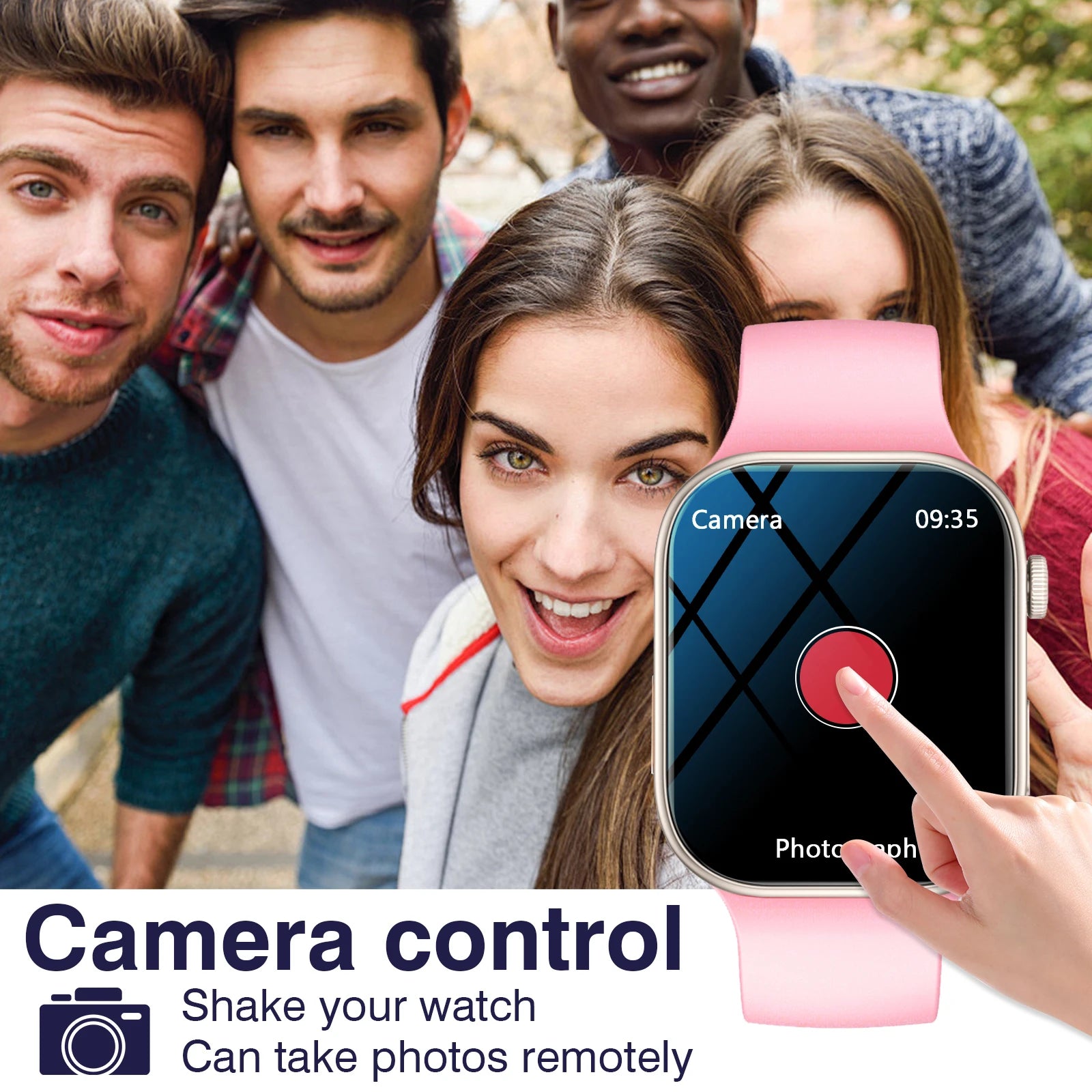 Smart watch with a sleek pink silicone strap and large 2.02-inch HD display, showing remote camera control features.