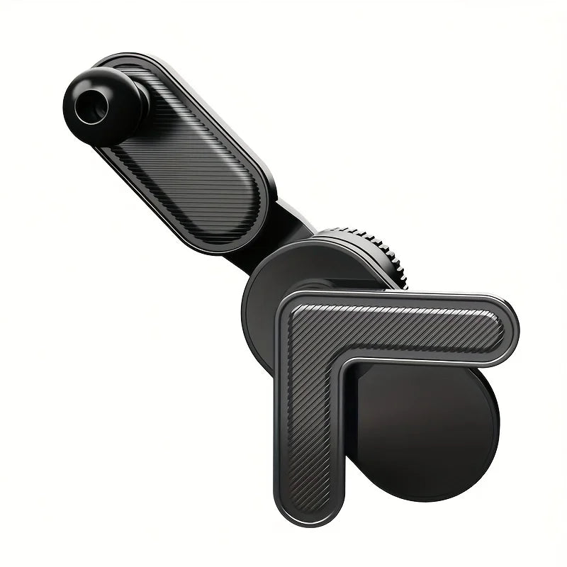 Black car phone mount with an L-shaped arm, ribbed texture, and adjustable pivot joints on a white background.