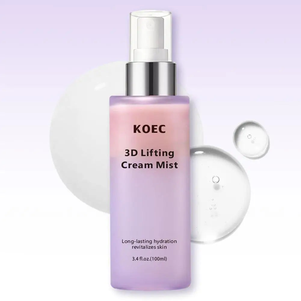 100ml spray bottle of 3D lifting cream mist in a gradient pink and purple bottle with a clear cap.
