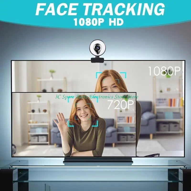 Black plastic 1080p HD webcam mounted on a monitor, featuring automatic face tracking technology.