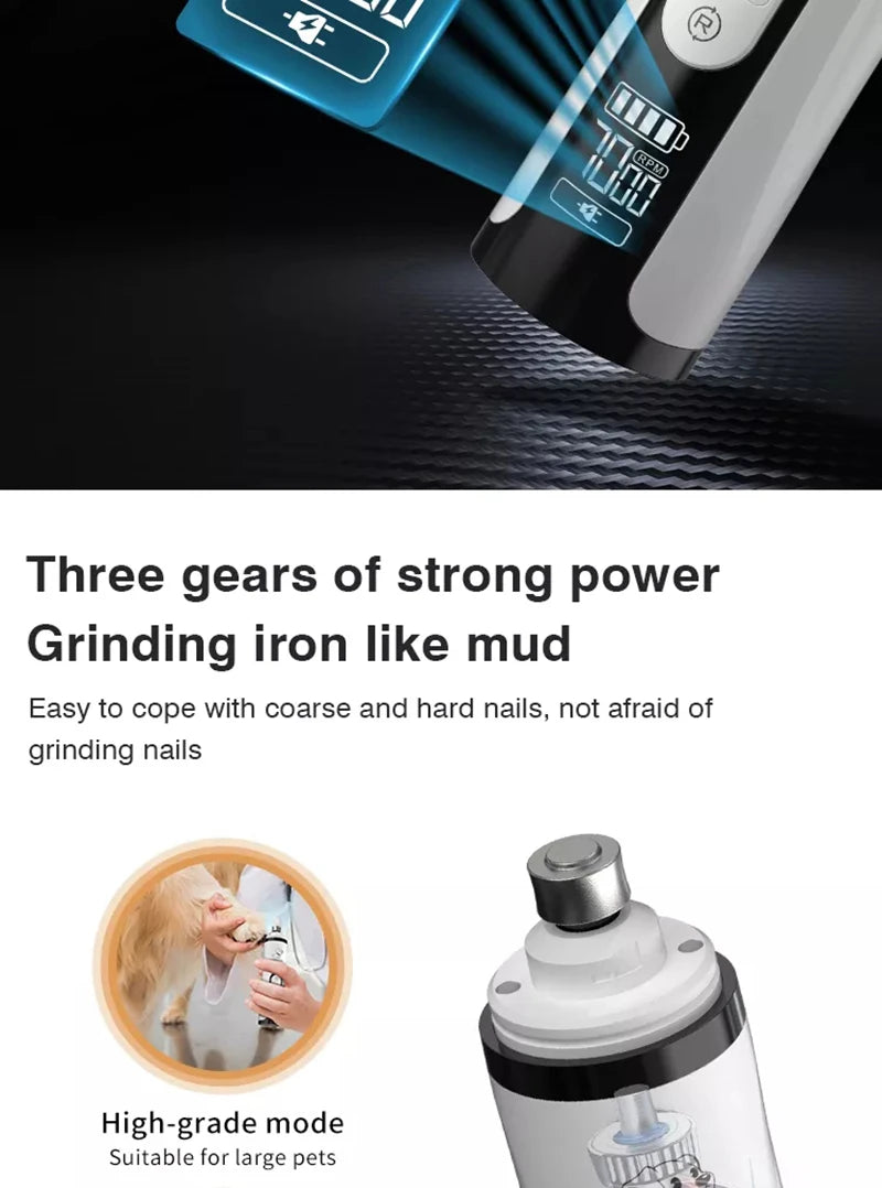 White and black electric pet nail grinder with a digital LED display, speed settings, and a built-in light.