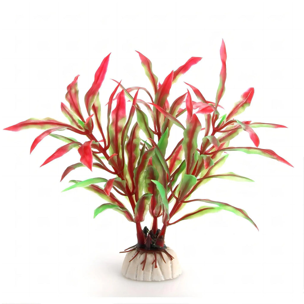 Artificial aquarium plant with vibrant red and green pointed leaves, anchored to a small white weighted base.