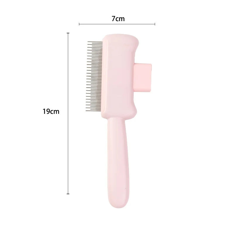 A light pink pet grooming comb with metal teeth, measuring 19cm in height and 7cm in width.