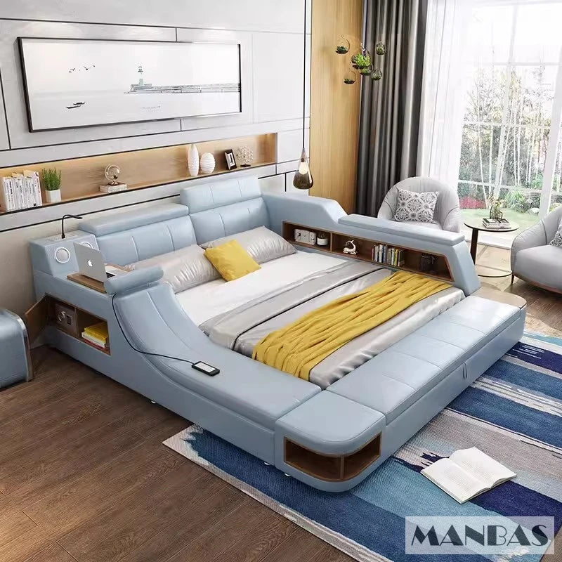 Modern pale blue leather smart bed with integrated storage shelving, side table and LED lighting in a bright bedroom.