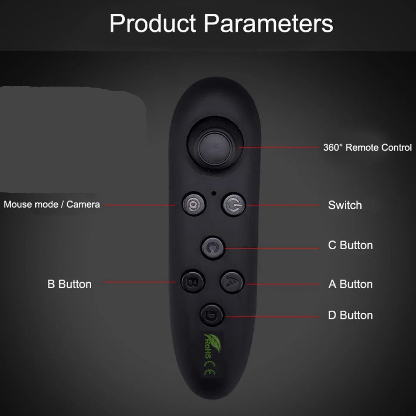 Black, oval-shaped wireless remote control with a joystick, multiple function buttons, and labels for settings.