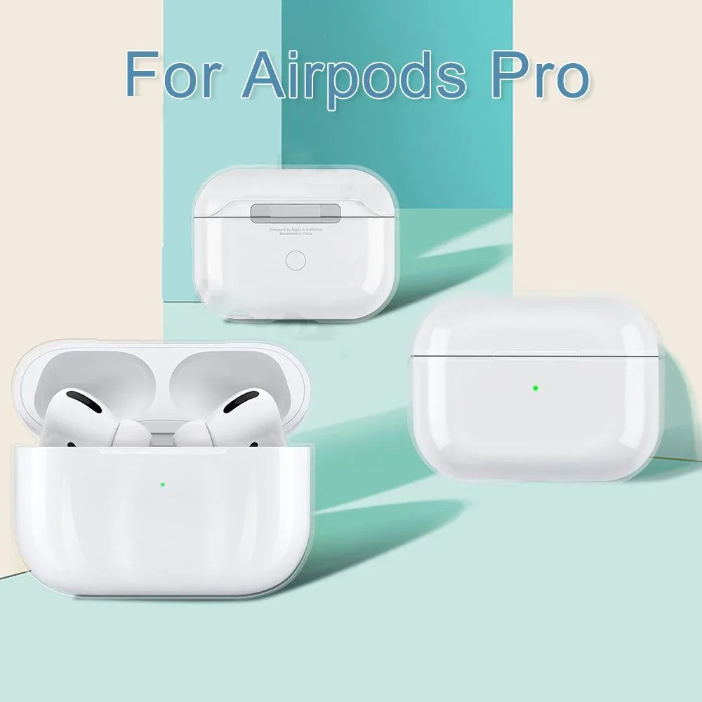 Clear, slim-fit protective case for Apple AirPods Pro, showing front and back views on a light blue background.