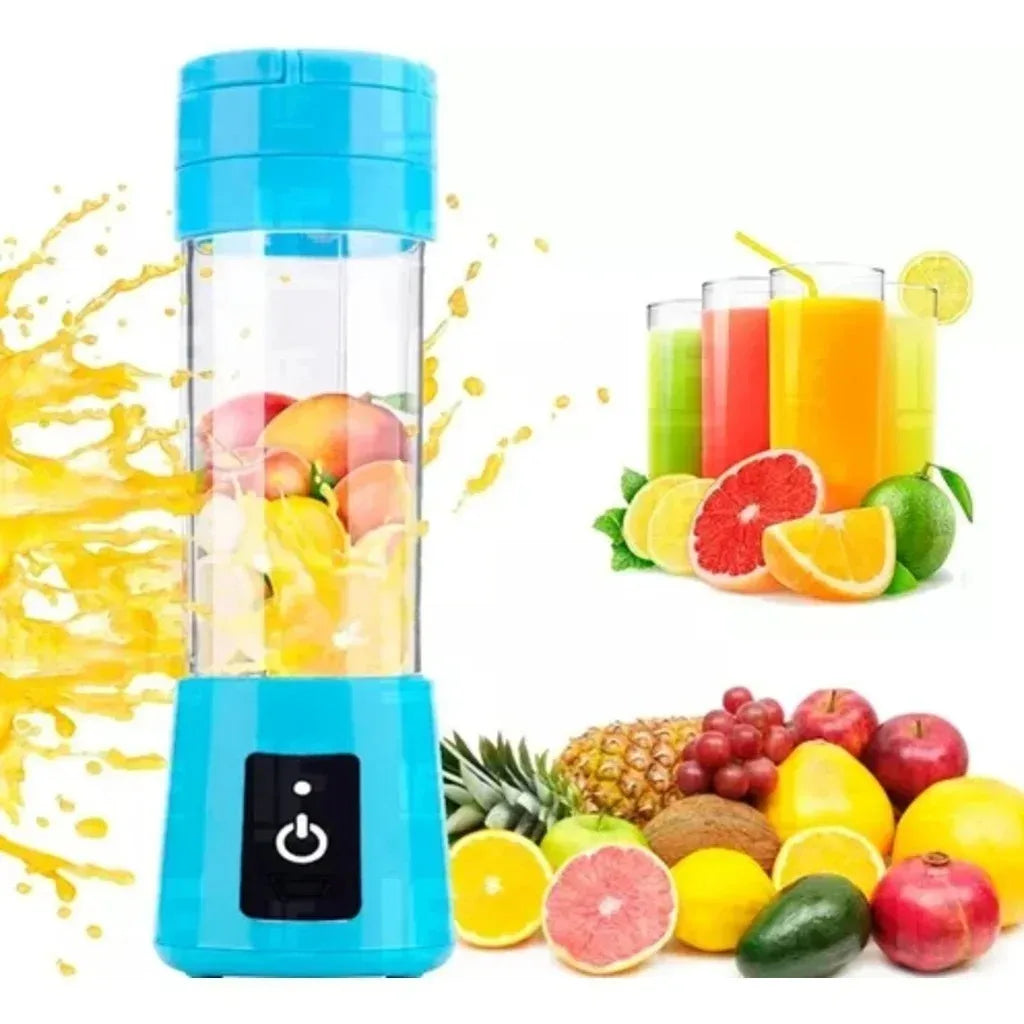Portable blue personal blender with a clear canister, shown with various fresh fruits and colorful juice glasses.