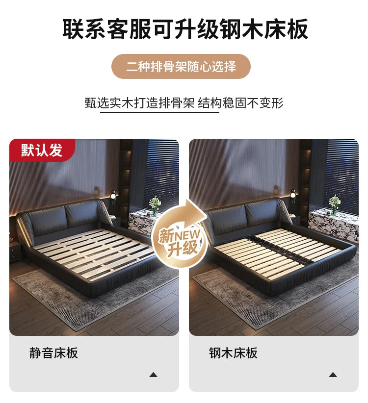 Modern king-size upholstered bed frame in black with a sleek, low-profile design and padded headboard.