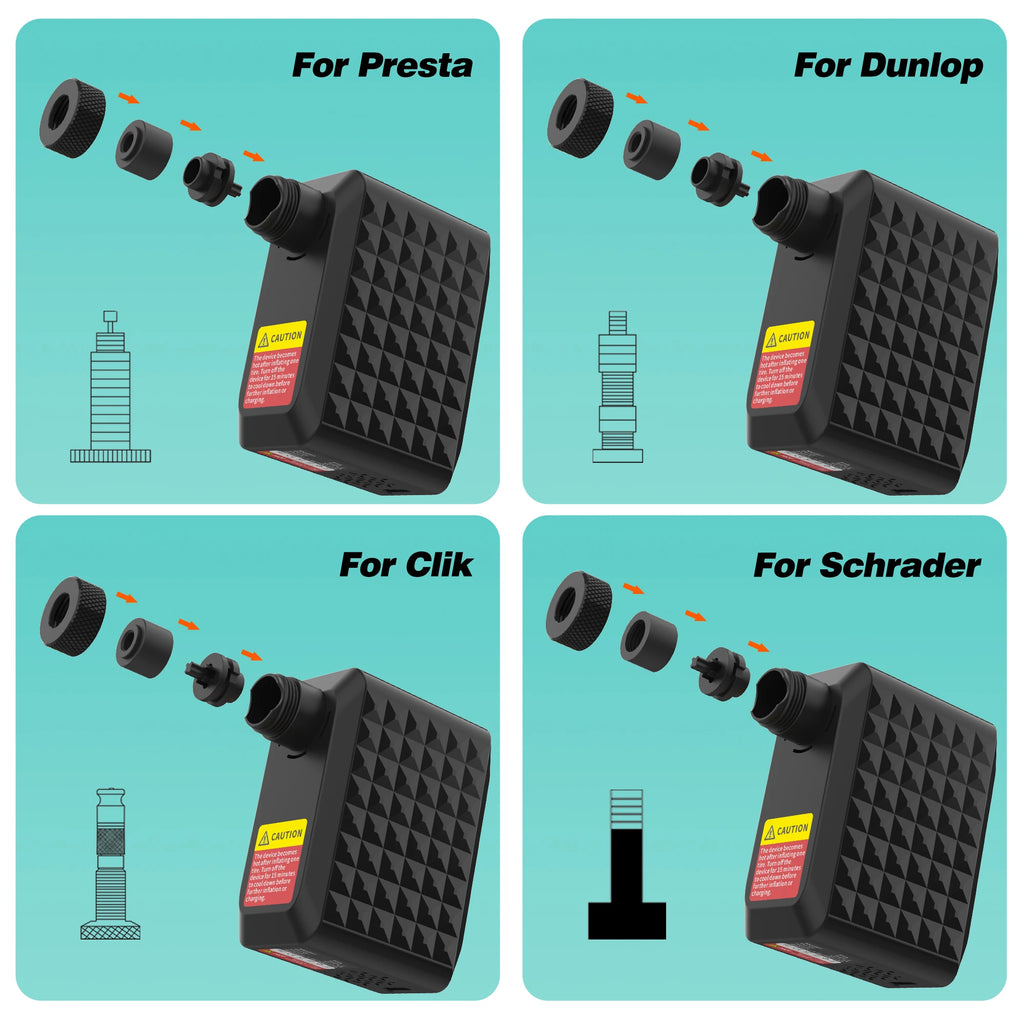 Four-panel diagram showing black electric bike pump compatibility with Presta, Dunlop, Clik, and Schrader valves.