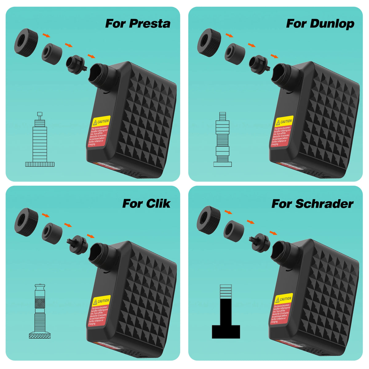 Four-panel diagram showing black electric bike pump compatibility with Presta, Dunlop, Clik, and Schrader valves.