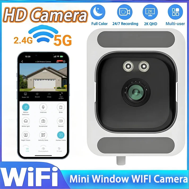 Compact white and grey security camera with 2K night vision, shown alongside a smartphone app control interface.