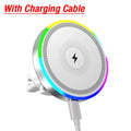 Round white wireless charger with a colorful LED ring, charging symbol, and included cable.