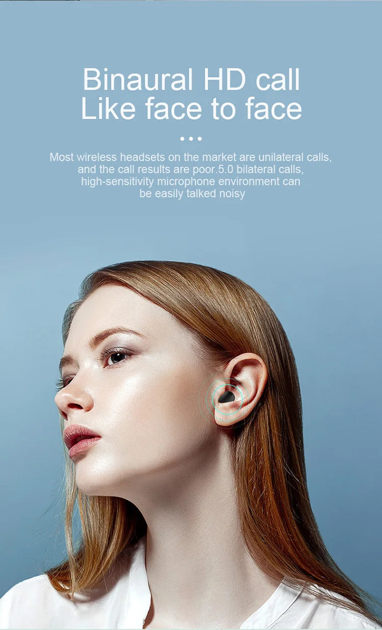 Woman wearing a sleek, black wireless earbud, emphasizing clear binaural call quality.