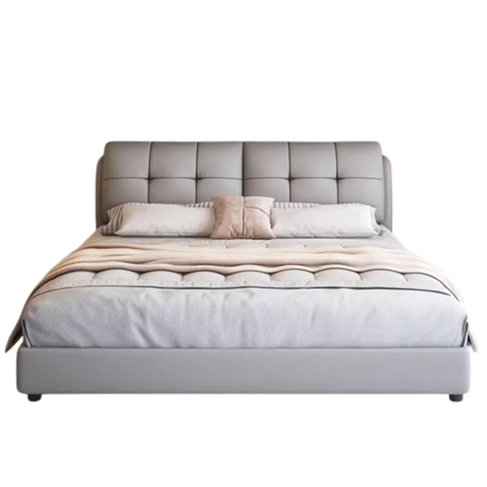 Minimalist grey queen-size bed frame with a tufted, cushioned headboard and sleek, low-profile design.