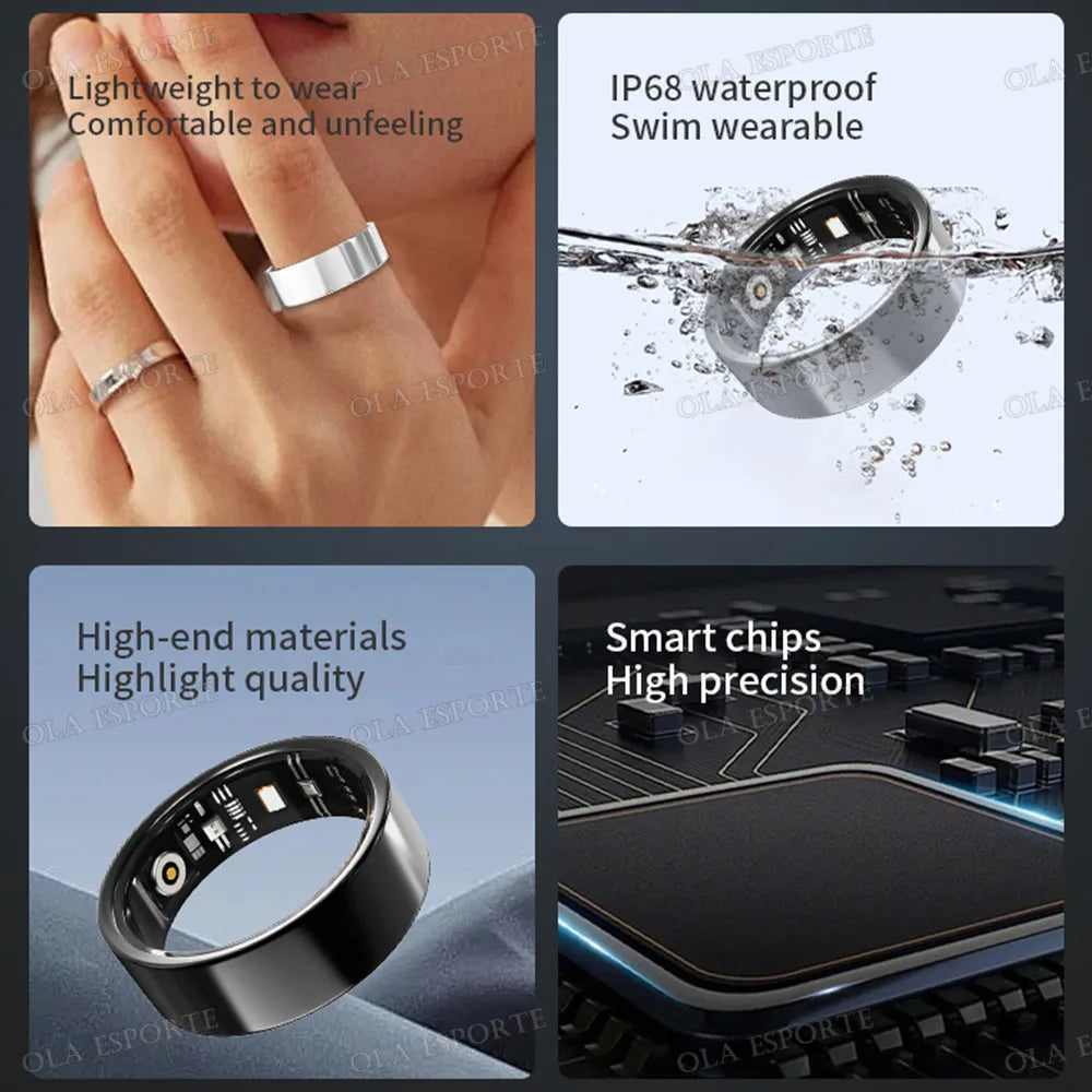 Sleek silver waterproof health-tracking ring. Features internal sensors, lightweight design, and swim-proof durability.