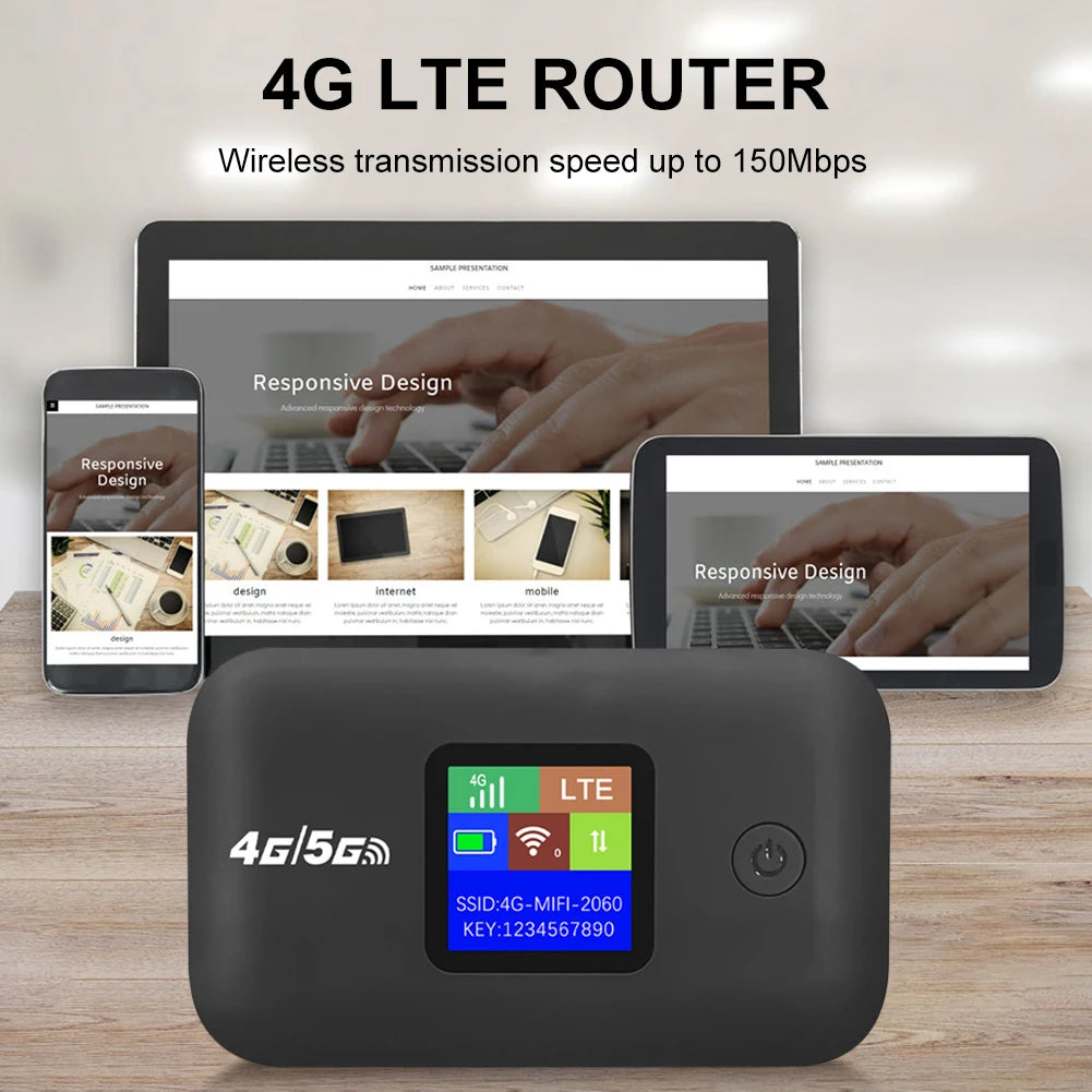 Compact black 4G LTE portable WiFi hotspot with a clear status display screen, set against a digital device background.