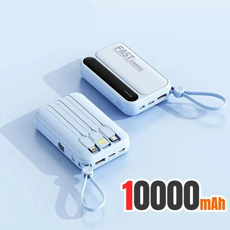 Two light blue 10,000mAh portable power banks with integrated charging cables and carrying loops.