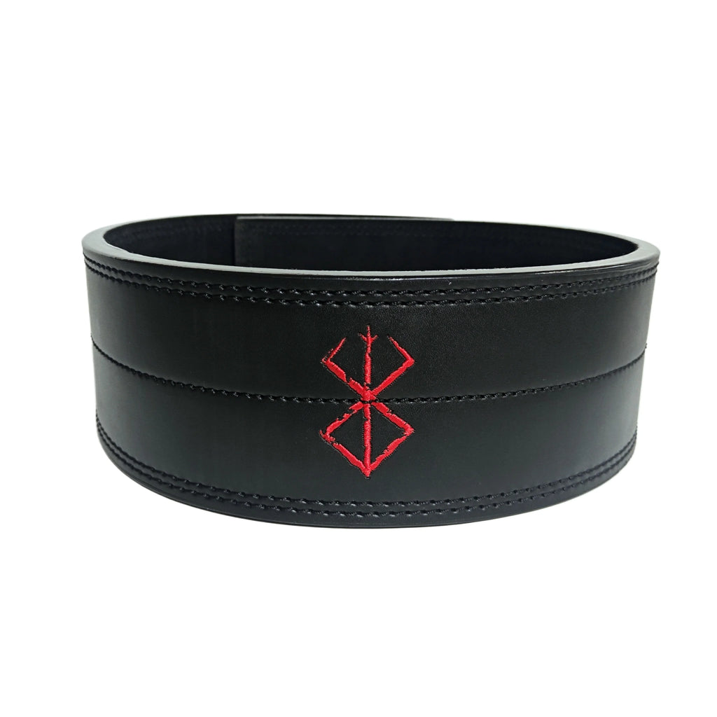 Black leather weightlifting belt with a red embroidered symbol in the center, isolated on a white background.