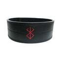 Black leather weightlifting belt with a red embroidered symbol in the center, isolated on a white background.