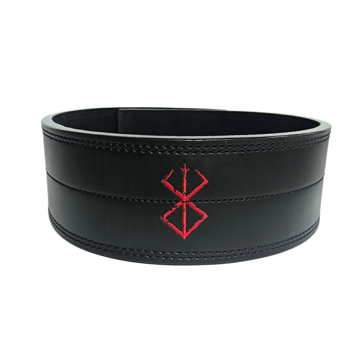 Black leather weightlifting belt with a red embroidered symbol in the center, isolated on a white background.