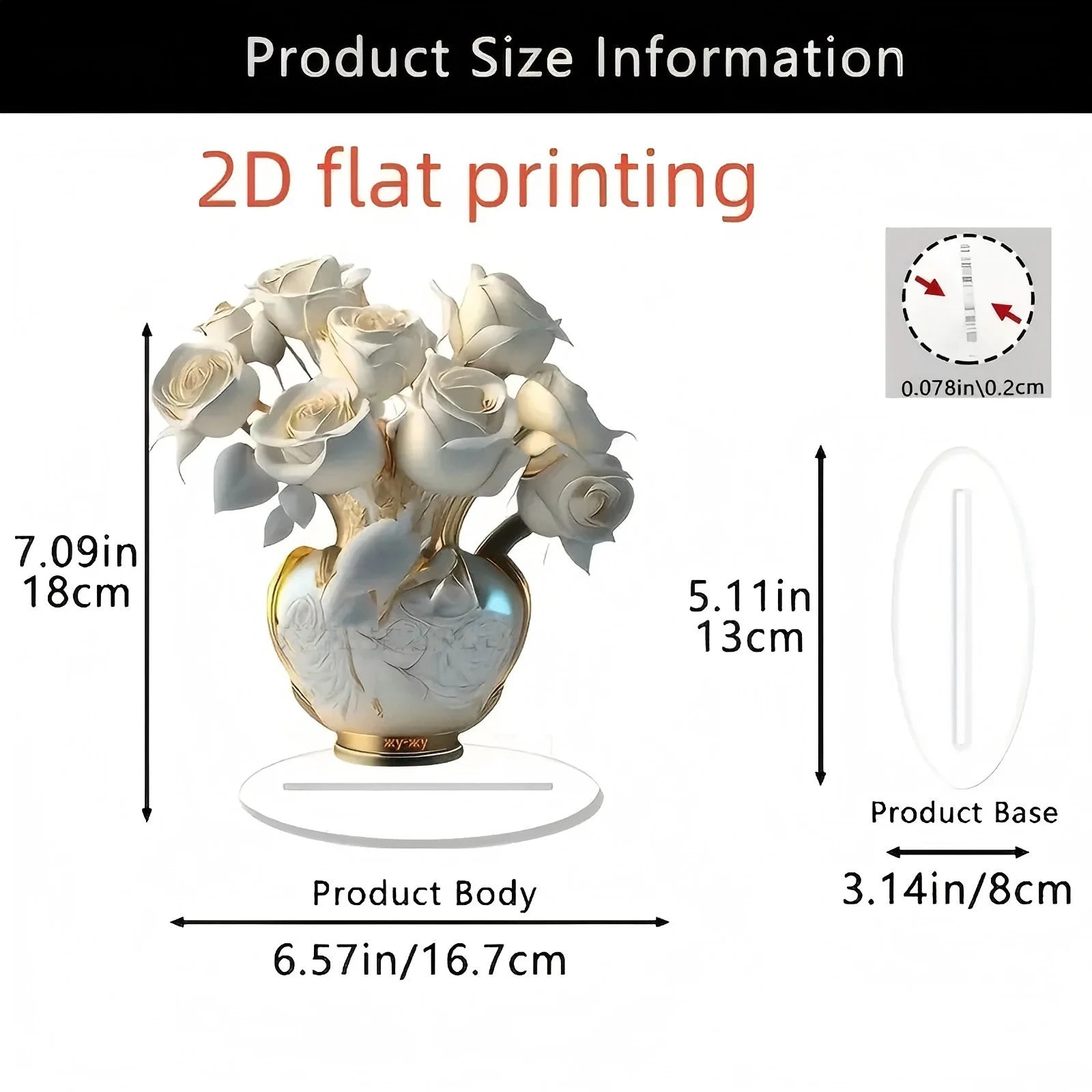 Decorative acrylic flat-print desk ornament featuring a bouquet of white roses in a gold vase, set on a clear base.