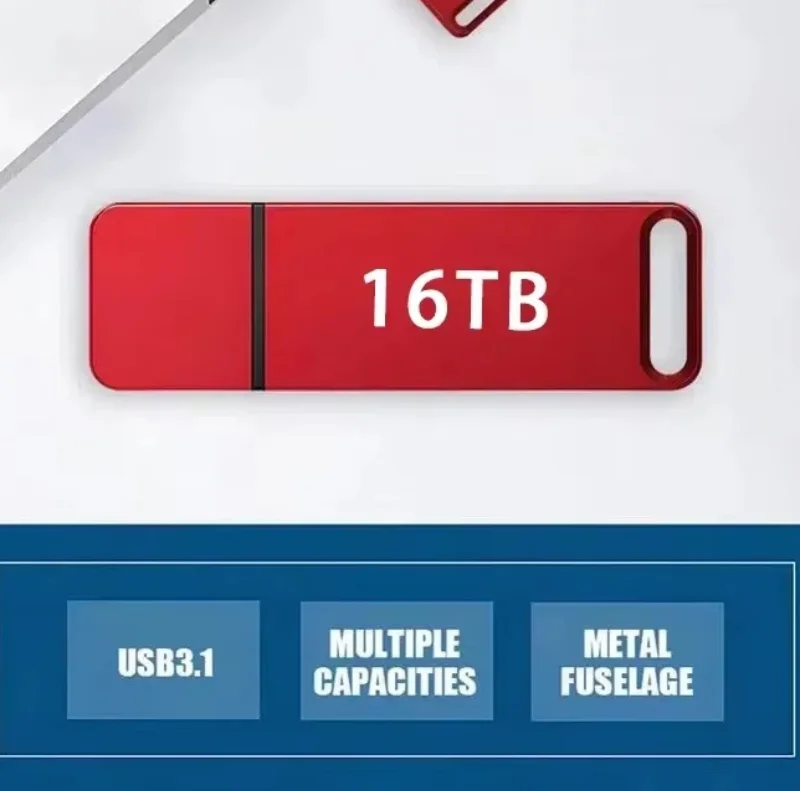 Red 16TB USB flash drive with a sleek, durable metal casing, featuring USB 3.1 high-speed performance.
