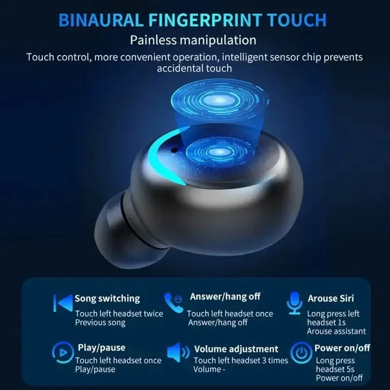 A matte grey wireless earbud featuring a holographic blue light interface, showcasing touch control navigation options.