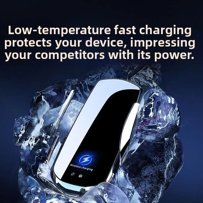 Sleek black wireless car charger mounted on ice, featuring a lightning bolt icon and low-temperature fast charging.