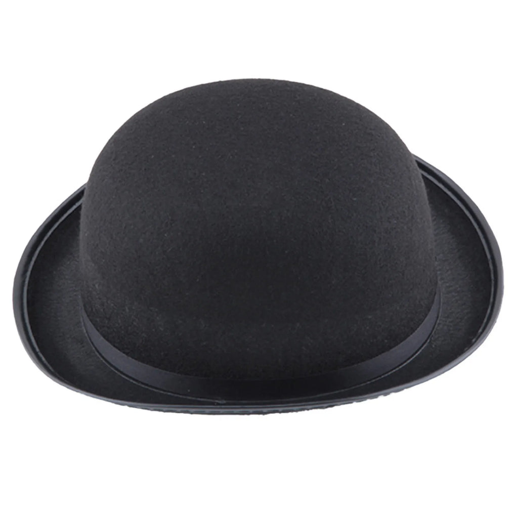 A classic black bowler hat with a rounded crown and a curved brim, set against a plain white background.