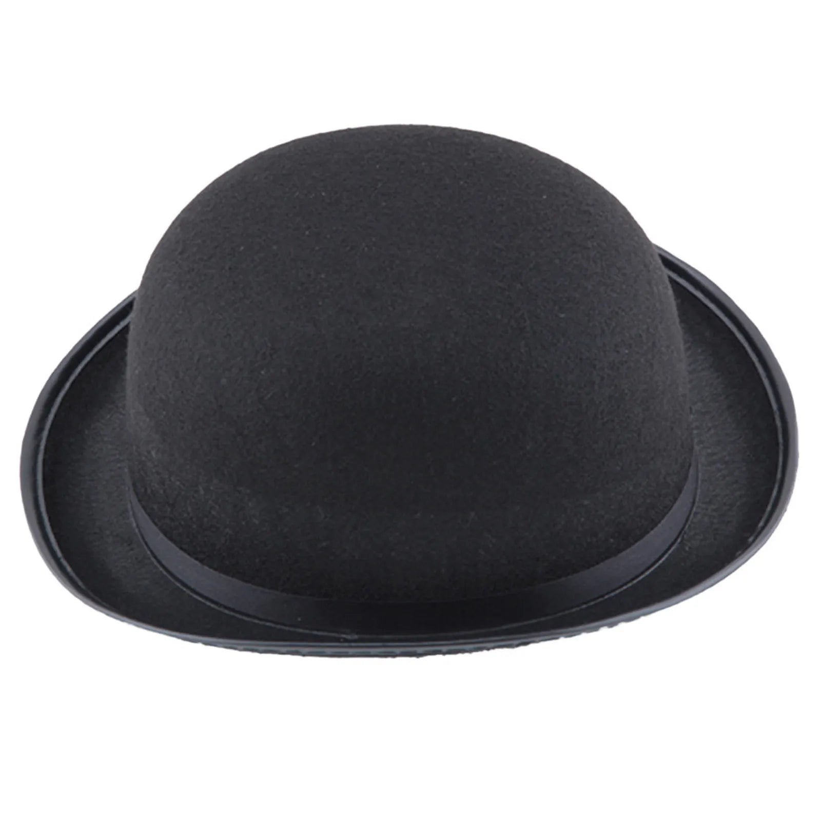 A classic black bowler hat with a rounded crown and a curved brim, set against a plain white background.