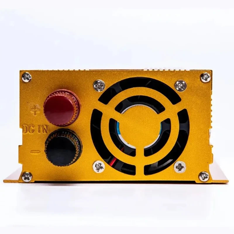 Gold-coloured power inverter featuring a circular cooling fan, red and black DC input terminals, and screw mountings.