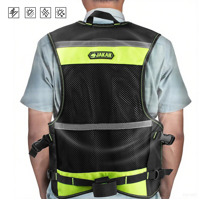 Black and neon yellow heavy-duty tool vest with mesh panels, reflective strips, and adjustable side buckle straps.