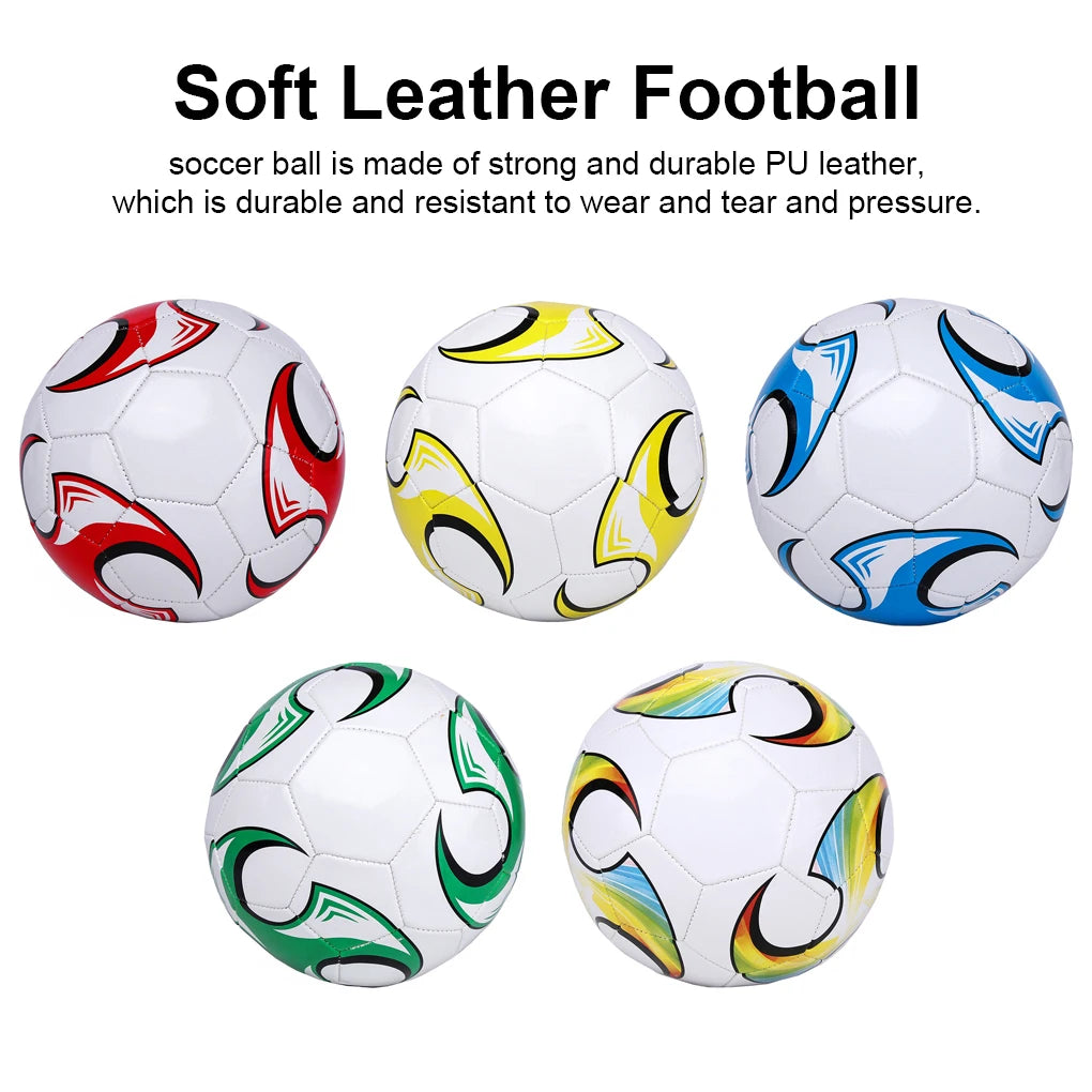 Five durable white PU leather footballs with colourful geometric graphic patterns in red, yellow, blue, green, and multi.