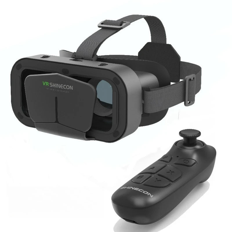 Black smartphone VR headset with adjustable head straps and a matching wireless handheld controller for 3D gaming.